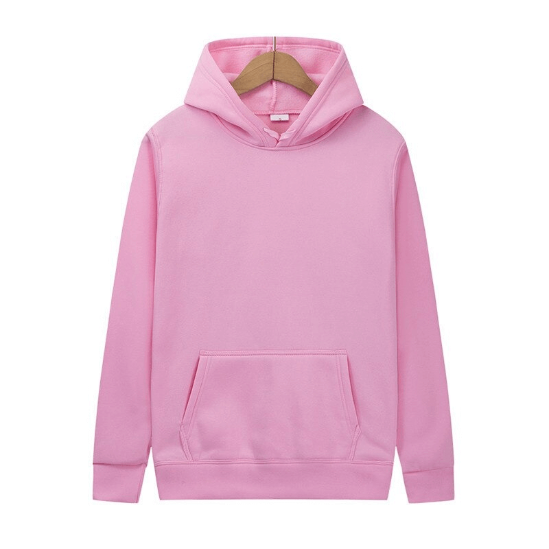 Pink women's hoodie sweatshirt with front pocket, casual style, perfect for cozy outings. Fashionable solid color hooded top.